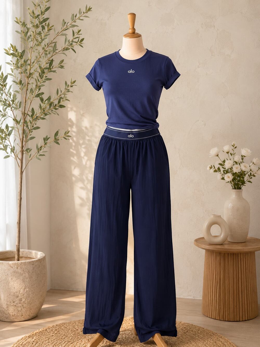 Women's Navy Activewear Set – Short Sleeve Top & Wide Leg Pants
